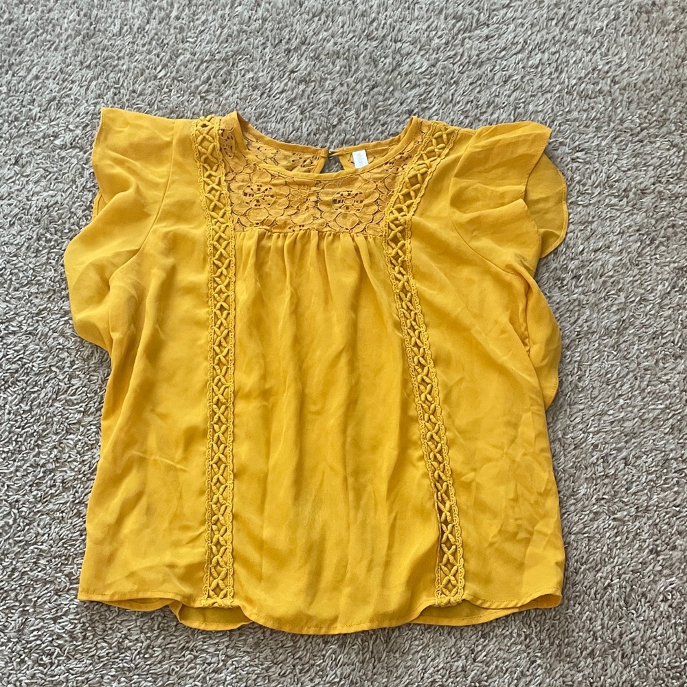 Yellow Lace Trim Women's Top mustard work shirt blouse business casual floral
